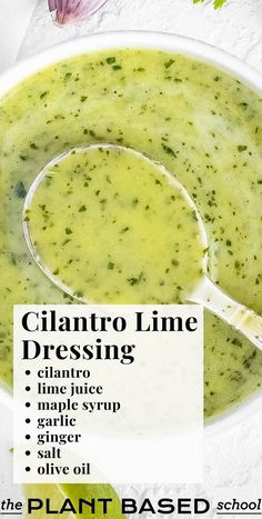 broccoli soup in a white bowl with a spoon on the side and an ad for clantro lime dressing