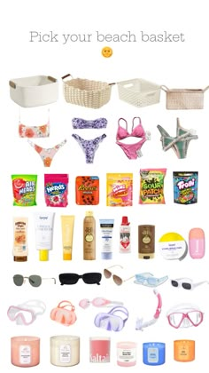 a bunch of different items that are in the shape of a beach bag with text reading pick your beach basket