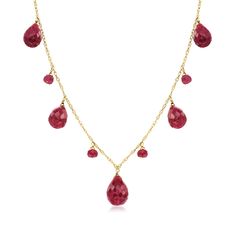 Ross-Simons - 33.90 ct. t. w. Ruby Drop Necklace in 14kt Yellow Gold. 20". We love this dramatic drop necklace! Featuring 33.90 ruby teardrop briolettes and rondelle faceted beads, it's the perfect way to add bold gemstone glamour to your jewelry box. Set in polished 14kt yellow gold on a classic box chain. Springring clasp, ruby drop necklace. Ruby birthstones are the perfect gift for July birthdays. Ruby Drops Necklace, Ruby Jewelry Necklaces Gold, Ruby Jewelry Necklaces, Ruby Birthstone, Gold Jewelry Necklace, Ruby Necklace, Natural Gold, Ruby Stone, Broken Chain