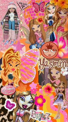 a collage of barbie dolls and girls with flowers, butterflies, and hearts on them