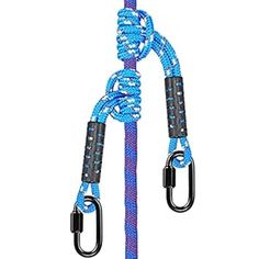 a blue rope with two black hooks on it and an eye hook in the middle