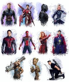 an image of the avengers movie characters in their costumes and armors, all drawn by hand