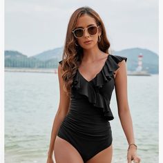 Sexy Slimming Wellmade Swimsuit!! Pads Are Removable. Family Pool, Summer Style Guide, Black One Piece Swimsuit, 1 Piece Swimsuit, One Piece Bathing Suit, Black One Piece, One Piece Suit, Black Ruffle, Black Swimsuit