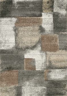 an area rug with squares and rectangles in grey, brown, beige and white colors