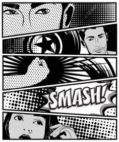 an abstract black and white comic book cover with the title smash on it's side