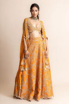 Shop for Nupur Kanoi Orange Cape- Georgette Border Embroidered Cape Lehenga Set for Women Online at Aza Fashions Nupur Kanoi, Hand Embroidered Skirt, Cape Lehenga, Leaf Sleeve, Cape For Women, Dupatta Style, Embroidery Mirror, Georgette Skirt, Pink Cape