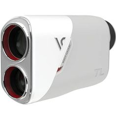 a white camera with two red lenses on it's side and the front facing up