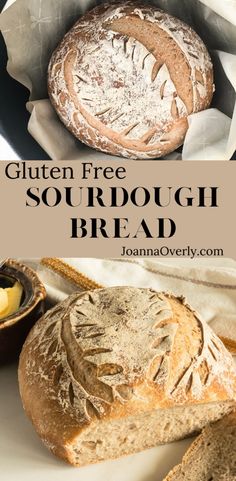 gluten free sourdough bread is shown in this collage with text overlay