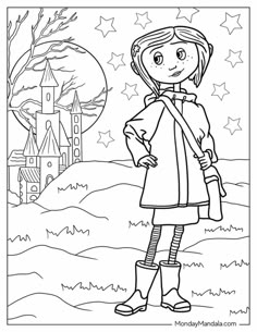 a girl standing in front of a castle with her hand on her hip and looking at the sky