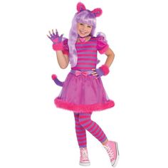 Shop for Children's Cheshire Cat Fancy Dress at Totally Fancy. Girls Bright Purple Cheshire Cat Costume has a crazy look straight out of Wonderland. Perfect Costume for World Book Day! World Book Day, Book Day, Cheshire Cat, Fancy Dress, Purple, Pink