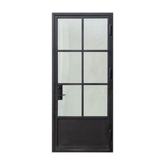 an open black door with glass panels on the front and side doors, against a white background