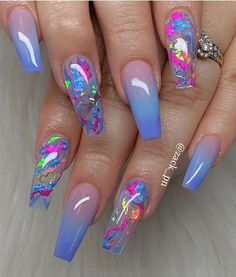 These fabulous nail art designs are super unique and glamorous, these will give you the trendy looks and give your nails a whole new... Clear Glitter Nails, Blue Glitter Nails, Blue Acrylic Nails, Pretty Nail Art Designs, Long Acrylic Nails Coffin