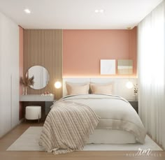 a bedroom with pink walls and white furniture