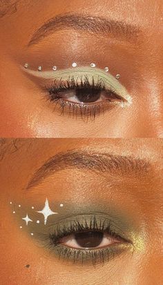 Enchanted Forest Prom Makeup, Starry Eye Makeup, Sage Green Eyeliner, Hozier Concert Makeup, Fun Eye Makeup Ideas, Earth Tone Eye Makeup, Matte Neutral Eyeshadow Looks, Fun Eye Makeup Looks, Green Star Makeup