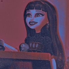 an animated doll with long black hair sitting at a table in front of a red and blue background