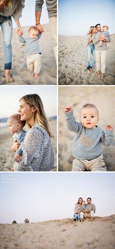 a woman holding a baby on top of a sandy beach