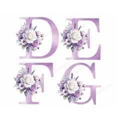 the letters d and f with flowers on them are painted in lilac colors, as well as white roses