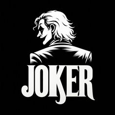 the joker logo on a black background with white lettering and an image of a man's face