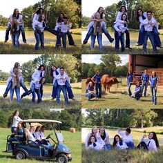 a collage of people posing for pictures in front of a golf cart and horse