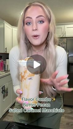 a woman holding a cup in her hands with the caption flavor combo butter cream salted caramel macaroni and cheese