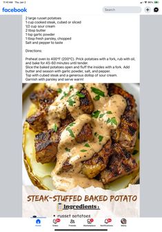 the recipe for steak - stuffed baked potato is shown in an instagram postcard