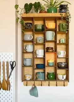 a wooden shelf filled with lots of cups and spoons next to a potted plant