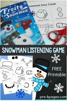 snowman listening game with free printables for kids to play in the snow