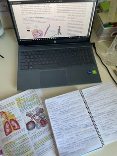 a laptop computer sitting on top of a desk next to an open book and notebook