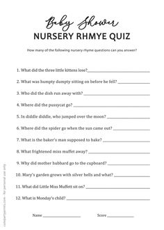 the baby shower nursery rhye quiz is shown in this printable question sheet