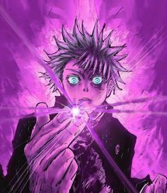 an anime character with blue eyes holding a purple object in his hand and looking at the camera