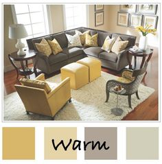 a living room filled with lots of furniture and yellow pillows on top of it's couches