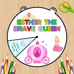 a wooden table topped with lots of colored pencils next to a white sign that says, easter the brave queen