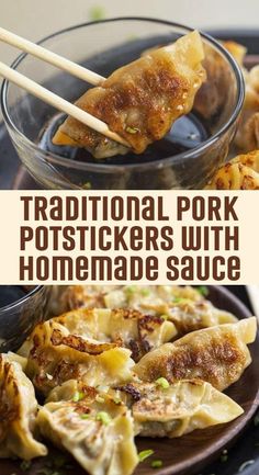 traditional pork potstickers with homemade sauce in a bowl and on a plate, ready to be eaten