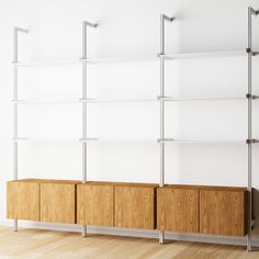 Modular Shelving Units - Aluminum Shelves + Wood Cabinets Mcm Shelving, Modular Shelves, Aluminum Shelves, Shelves Wood, Shelving Design, Tea For Two, Bedroom Closet Design, Frame Shelf, Modular Shelving