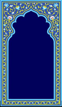 an ornate blue and yellow frame with flowers on the border, in front of a black background