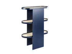 a blue shelf with three shelves on each side and two circular holes in the middle