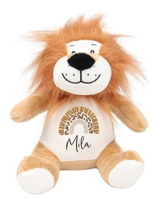 a stuffed lion with the name mia on it's chest and manes is shown