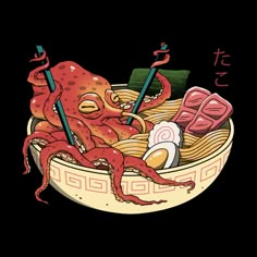 an octopus eating noodles in a bowl with chopsticks