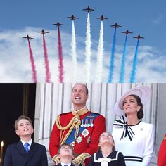 the queen and prince are surrounded by their children as they watch planes fly overhead in formation