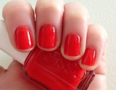 Summer Red Nail Polish, Orangey Red Nails, Orange Red Nail Polish, Essie Clambake, Orange Red Nails, Essie Red Nail Polish, Red Nail Polish Colors, Deep Red Nail Polish, Red Orange Nails