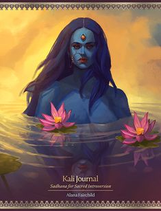 an avatar with long hair and blue skin is in the water surrounded by pink lotuses