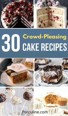 the cover of 30 crowd - pleasing cake recipes by porcuine com, with pictures of cakes and desserts