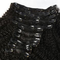 7 Pieces: One weft with 4 clips, two wefts with 3 clips, four wefts with 2 clips. 100% Human Hair in Natural Color. Weighs about 120g. 120g is the equivalent of one full bundle of hair. This will add normal density/volume with your all your own hair left out. If your head is large or your hair is very short, you might need two sets for a full head. Curly Human Hair Extensions, Curly Clip Ins, Clip In Extensions, Left Out, Clip In Hair Extensions, Afro Hairstyles, Belleza Natural, Natural Look, Human Hair Extensions