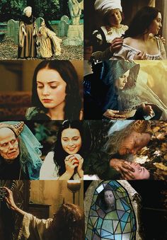 collage of images from the movie snow white and the seven dwarfs, including an evil woman