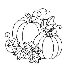 a black and white drawing of pumpkins, leaves and acorns on a white background