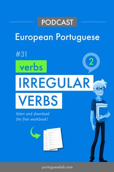 a man holding a book in front of a blue background with the words irregular verbs