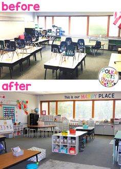 before and after photos of a classroom