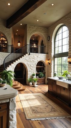 a living room filled with furniture and a spiral staircase