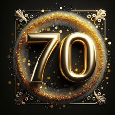 the number seventy in gold is surrounded by confetti and sparkles on a black background