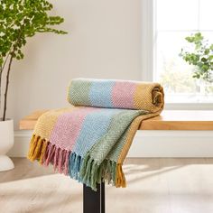 a blanket sitting on top of a wooden bench next to a potted green plant